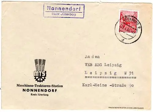 DDR 1959, Landpost Stpl. NONNENDORF über Jüterbog auf MTS Brief m. 20 Pf.