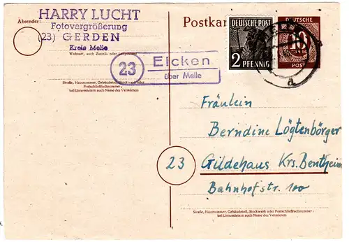 1948, Landpost Stpl. 23 EICKEN über Melle auf 10 Pf. Ganzsache m. Zusatzfr.