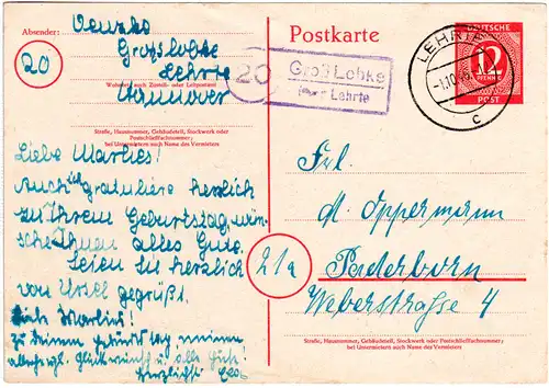 1946, Landpost Stpl. 20 GROSS LEBKE über Lehrte auf 12 Pf. Ganzsache.