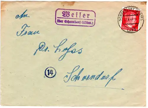 DR 1944, Landpost Stpl. WEILER über Schorndorf auf Brief m. 12 Pf.