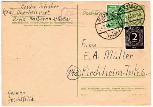 DR 1946, Landpost Stpl. OBERHEINRIET über Heilbronn auf Ganzsache m. Zusatzfr.