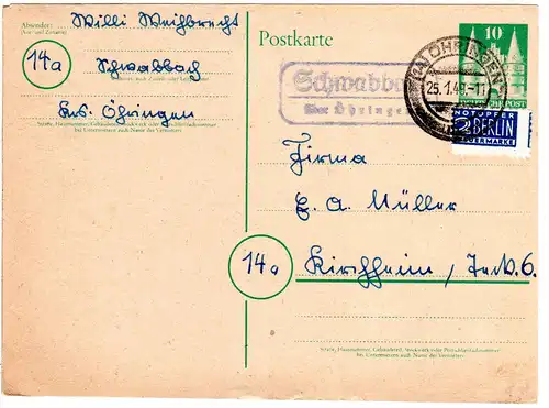 DR 1948, Landpost Stpl. SCHWABBACH über Öhringen auf 10 Pf. Ganzsache 