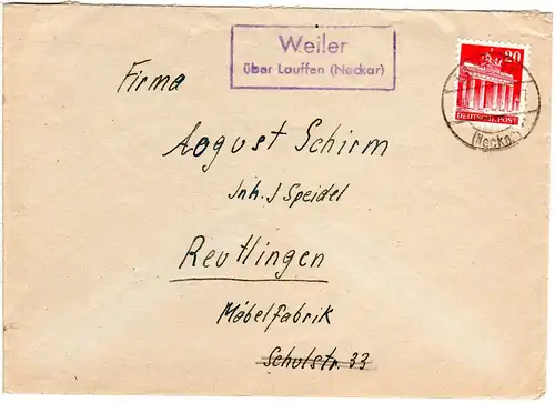 1948, Landpost Stpl. WEILER über Lauffen auf Brief m. 20 Pf.