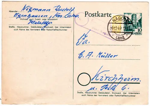 1949, Landpost Stpl. 14b EGENHAUSEN über Nagold auf 10 Pf. Ganzsache. 