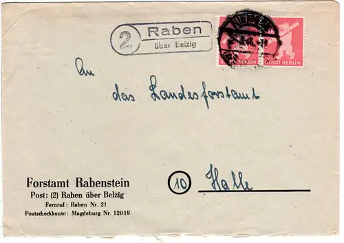 1946, Landpost Stpl. 2 RABEN über Belzig auf Forstamt Brief m. 2x12 Pf.
