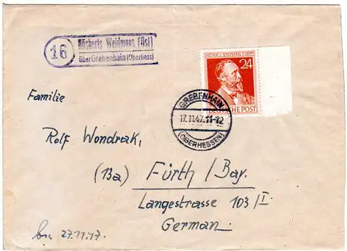 1947, Landpost Stpl. NÖSBERTS WEIDMOOS (OST) über Grebenhain auf  Brief m. 24 Pf