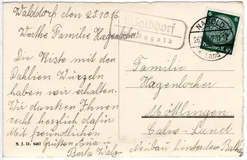 DR 1936, Landpost Stpl. WALDDORF über Nagold auf Karte m. 6 Pf.