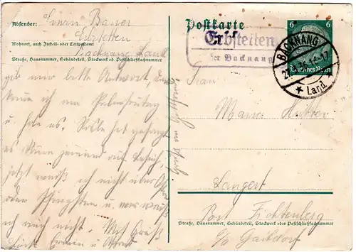 DR 1936, Landpost Stpl. ERBSTETTEN über Backnang auf 6 Pf. Ganzsache