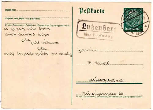 DR 1937, Landpost Stpl. LUTZENBERG über Backnang auf 6 Pf. Ganzsache