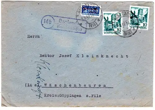 Franz. Zone 1949, Landpost Stpl 14b BONLANDEN über Biberach auf Brief m. 2x10 Pf