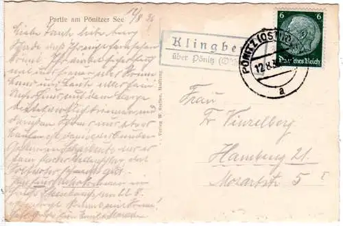 DR 1936, Landpost Stpl. KLINGBERG über Pönitz auf Karte m. 6 Pf.