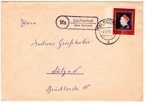 BRD 1959, Landpost Stpl. 14b LOCHERHOF über Rottweil auf Brief m. 20 Pf.