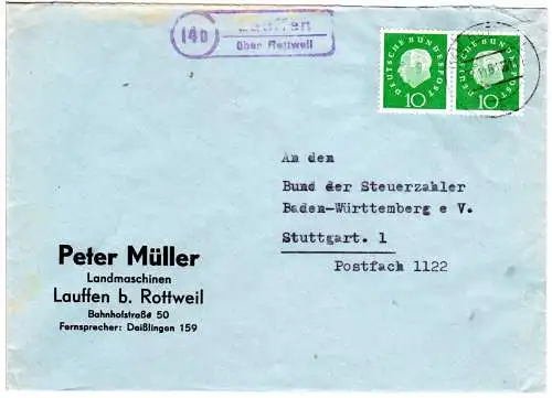 BRD 1961, Landpost Stpl. 14b LAUFFEN über Rottweil auf Brief m. Paar 10 Pf.