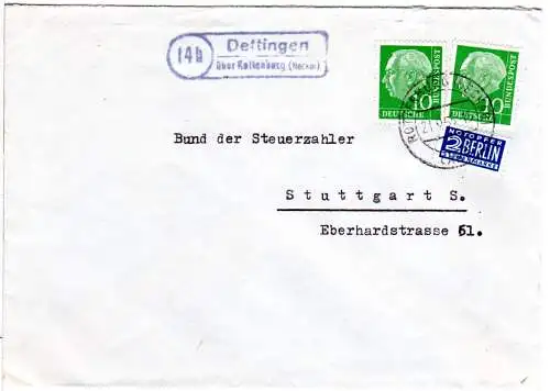 BRD 1955, Landpost Stpl. 14b DETTINGEN über Rottenburg auf Brief m. 2x10 Pf.