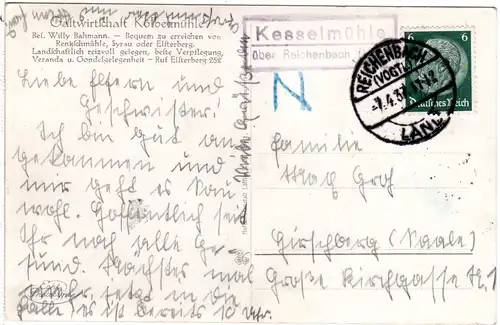 DR 1937, Landpost Stpl. KESSELMÜHLE über Reichenbach auf Gasthof AK m. 6 Pf.