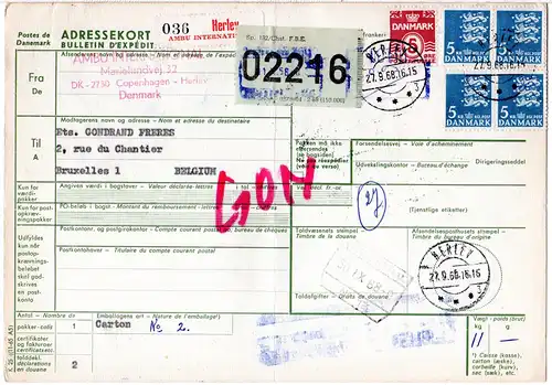 Dänemark 1968, 5 Marken auf Paketkarte v. HERLEV AMBU INTERNATIONAL n. Belgien.