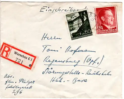 Generalgouvernement 1942, 24+60 Pf. auf portorichtigem Einschreiben Brief