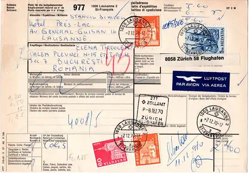 Schweiz 1970, 4 Marken auf Luftpost Paketkarte v. Lausanne n. Rumänien