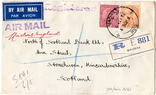 Indien 1936, 2 As.6 P.+8 As. m. perfins auf Reko Bank Brief v. Madras