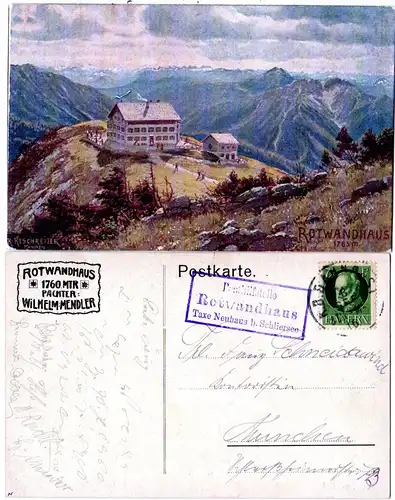 Bayern 1916, Posthilfstelle ROTWANDHAUS Taxe Neuhaus b. Schlierseeauf AK m. 5 Pf