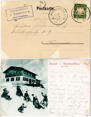 Bayern 1901, Posthilfstelle NEUREUT Taxe TEGERNSEE auf sw-AK m. 5 Pf