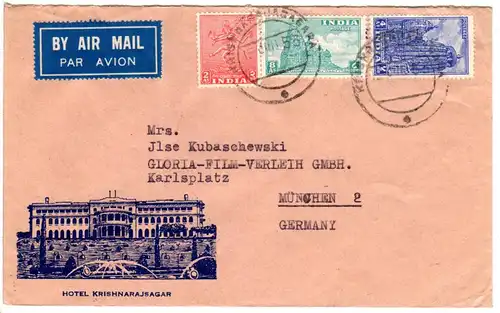 Indien 1953, 3 Marken auf illustriertem Umschlag Hotel Krishnarajsagar  