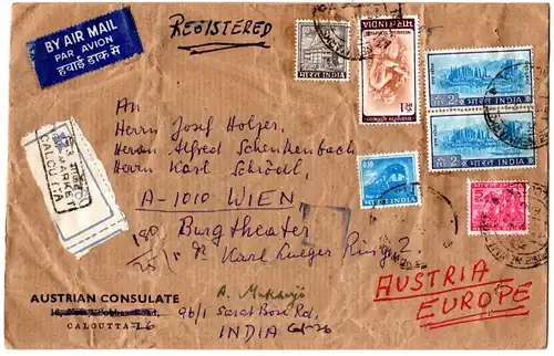 Indien 1972, 6 Marken auf Reko Brief des Österreichischen Konsulats in Calcutta