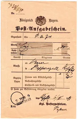 Bayern 1891, L2 Aushilfstempel KIPFENBERG auf Postschein m. Unterschrift