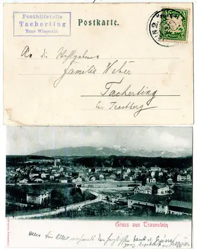 Bayern 1902, Posthilfstelle TACHERTING Taxe Wiesmühl auf Traunstein-AK m. 5 Pf.