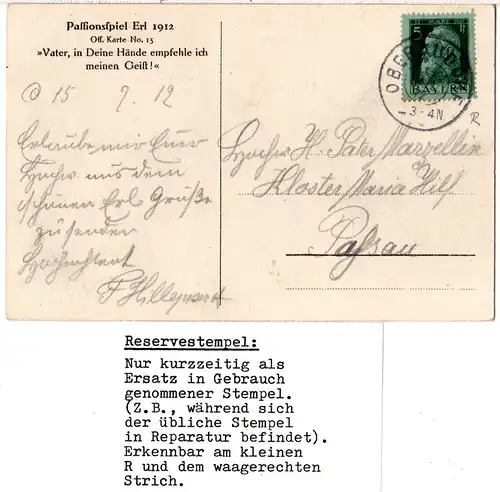 Bayern 1912, Reservestempel OBERAUDORF R auf AK m. 5 Pf. (Helbig 60).