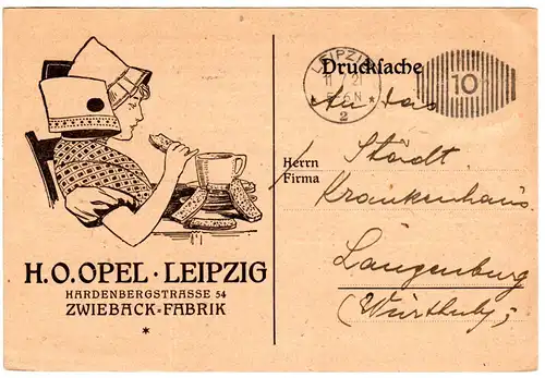 DR 1921, illustrierte Zwieback Drucksache Firmenkarte m. Freistpl. v. Leipzig