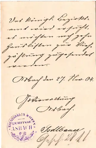 Bayern 1904, K2 ASBACH b. KARPFHAM auf 5 Pf. Ganzsache m. Gemeinde Siegel Stpl.