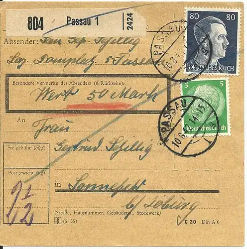 DR 1942, 80+5 Pf. auf Wert-Paketkarte v. Passau.