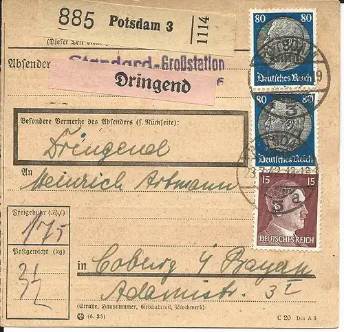 DR 1942, Paar 80+15 Pf. auf Dringend Paketkarte v. POTSDAM