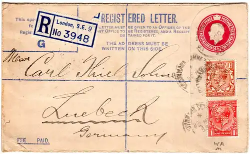 GB 1933, 1+1 1/2d m. perfins auf 4 1/2d Reko Ganzsachenumschlag v. London.