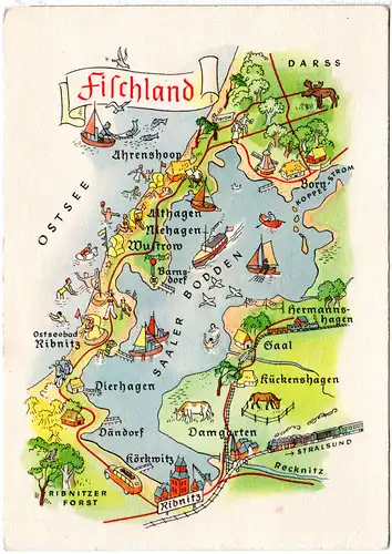 Ostsee Fischland, nette ungebr. Panorama Farb-AK m. versch. Orten u. Bahnstrecke