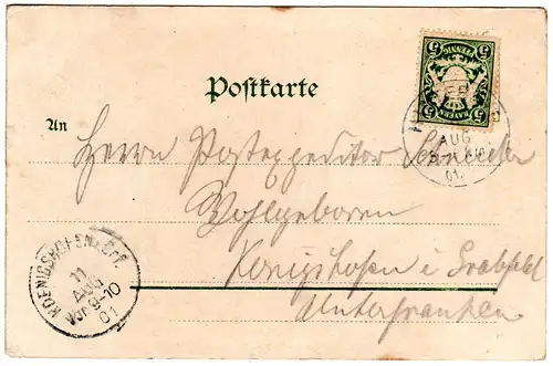 Bayern 1901, K1 HINTERSEE auf Farb-AK Gasthof zur Post m. 5 Pf. 