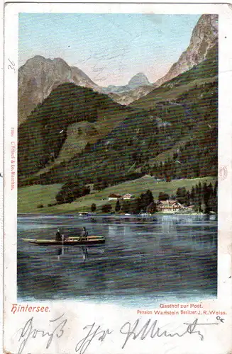 Bayern 1901, K1 HINTERSEE auf Farb-AK Gasthof zur Post m. 5 Pf. 