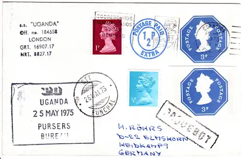 GB 1975, 3d GAA+1/2+1d auf Ganzsachenumschlag als Schiffspost Brief v. Funchal