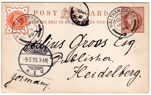 GB 1896, 1/2d auf 1/2d Ganzsache m. klarem Stpl. WALTHAM CROSS  n. Deutschland.