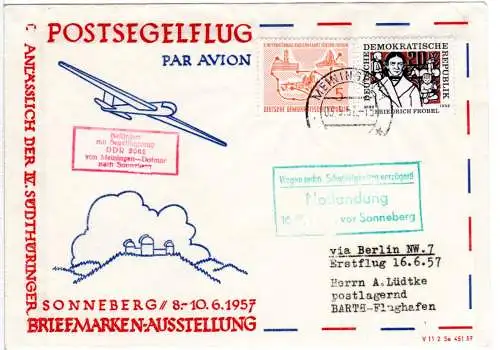 DDR 1957, Segelflug Brief v. Meiningen m. Notlandung Dolmar b. Sonneberg