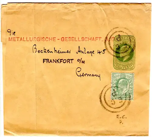 GB, 1/2d auf 1/2d Streifband Ganzsache m. Stpl. E.C.P  n. Deutschland.