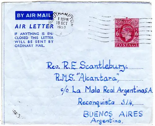 GB LF 4, 6d Field Post Air Letter stationery used from Southampton to Argentina