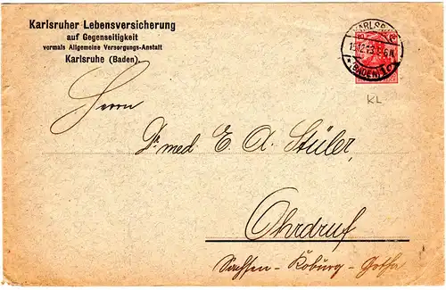 DR 1913, 10 Pf. m. perfin Firmenlochung auf Versicherungs Brief v. Karlsruhe