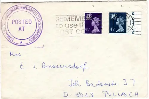 GB 1976, Brief v. Llanfairpwll..goch, längster europ. Ortsname, 58 Buchstaben!