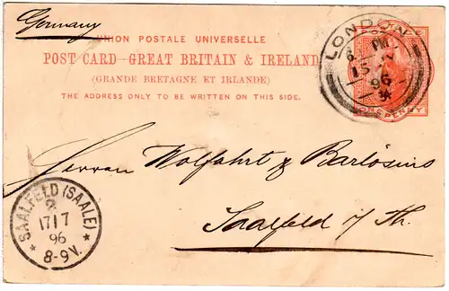 GB 1896, large LONDON double circle with arc on 1d stationery to Germany