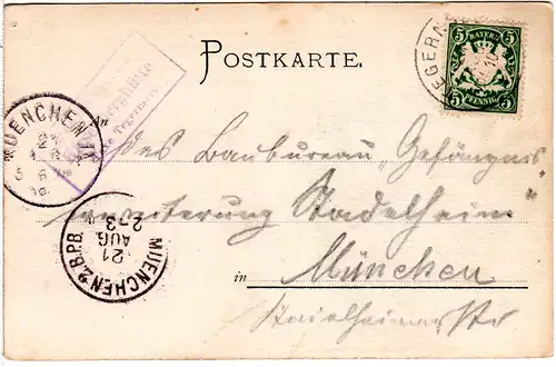 Bayern 1899, Posthilfstelle HIRSCHBERGHÜTTE Taxe Tegernsee auf Karte m. 5 Pf.