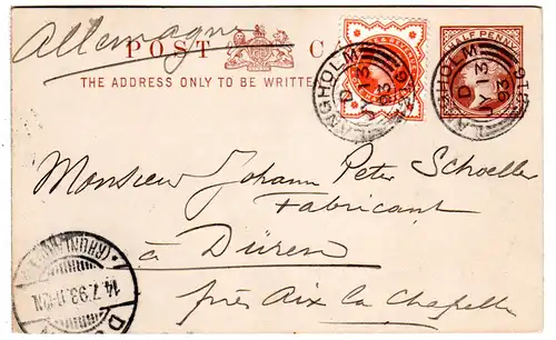 GB 1893, 1/2d auf 1/2d Ganzsache m. klarem Stpl. LANGHOLM  n. Deutschland.