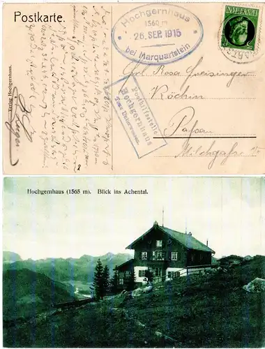 Bayern 1915, Posthilfstelle HOCHGERNHAUS Taxe Unterwessen auf sw-AK m. 5 Pf