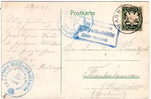 Bayern 1908, Posthilfstelle HÖLLENTHALHÜTTE Taxe Garmisch auf Karte m. 5 Pf.